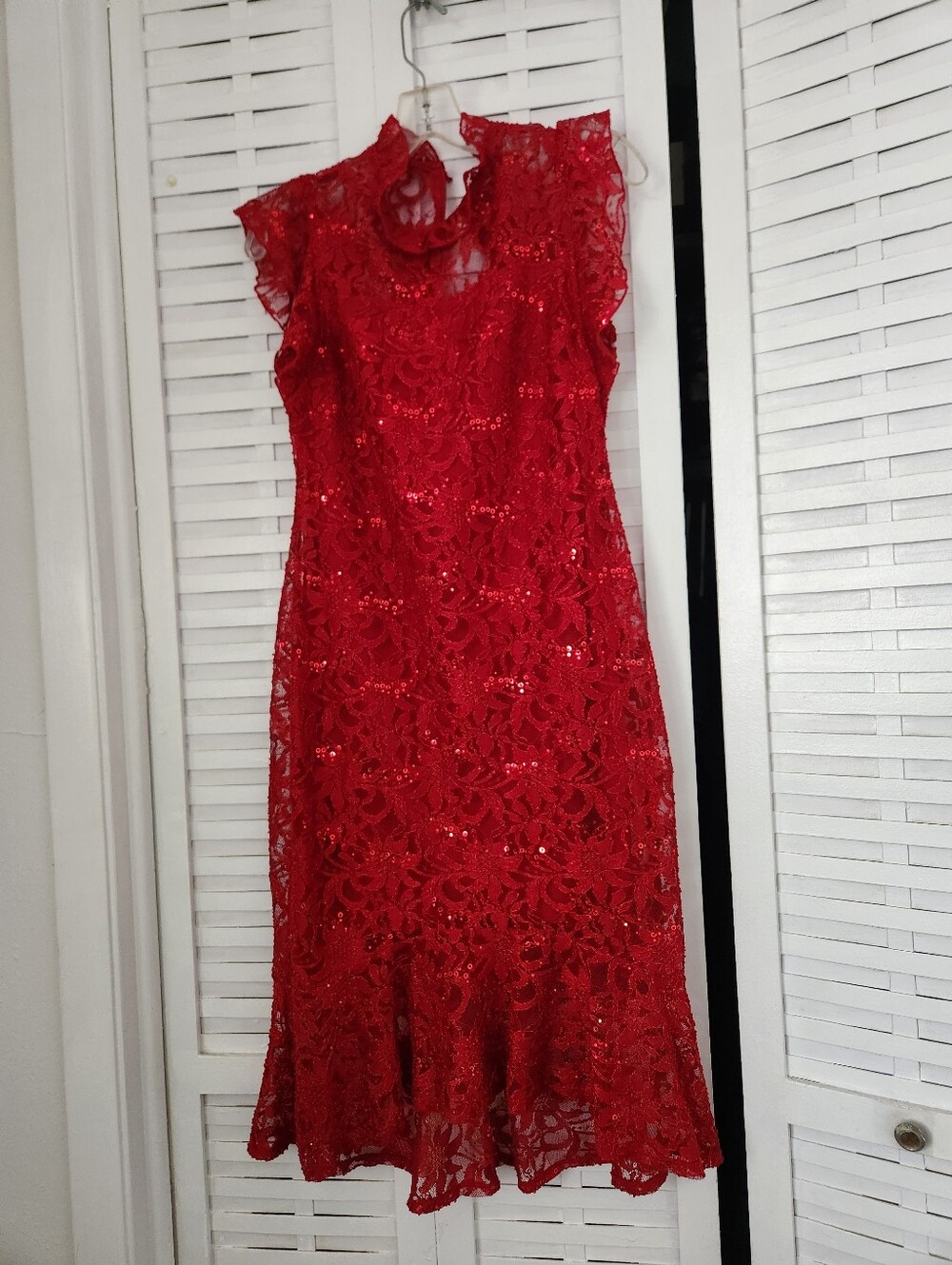 Bright Red Sequins-Trim Dress